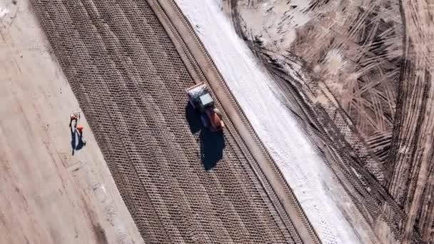 Construction Bulldozer View Yellow Bulldozer Falls Ground Bucket Drone Footage — Stock Video