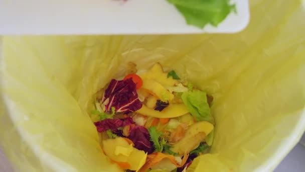 从食物废料堆肥 男性手拿着叉子的切菜板 腐烂的蔬菜 扔到垃圾 垃圾或容器 对环境负责 — 图库视频影像