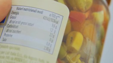 Parmak, beslenme etiketi üzerinde yavaşça hareket ediyor, bir paket yiyeceğin kalori bilgisini inceliyor, aşırı yakın çekim makro görünümü.