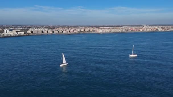 Grupp Segelbåtar Flyter Stor Vattenförekomst — Stockvideo