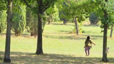 Huzurlu bir Öğleden Sonra Serin yeşil parkta neşeli bir köpekle geziniyor.