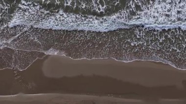 Okyanus dalgaları güneşli bir gökyüzünün altında altın kumlu bir sahile nazikçe çarpar. Ritmik hareket, huzurlu bir atmosfer yaratarak huzur ve haz veriyor..