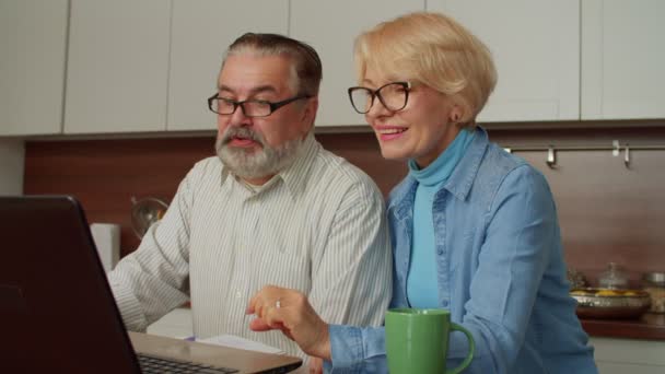 Portret Van Vrolijke Aantrekkelijke Gepensioneerde Volwassen Paar Bril Video Conferencing — Stockvideo