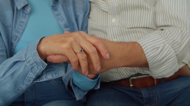 深情的老夫妇手牵手 轻轻地爱抚对方 在沙发上放松时表现出强烈的关系 关心和信任 — 图库视频影像