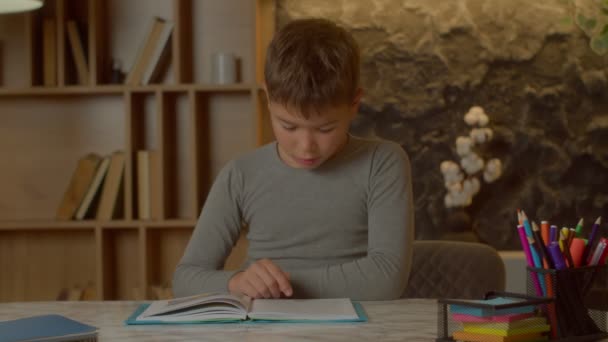 Menino Idade Escolar Multiétnica Bonito Fazendo Lição Casa Lendo Livro — Vídeo de Stock