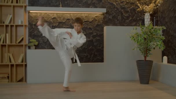 Aktywne Skoncentrowane Dziecko Wieku Szkolnym Białym Kimono Poprawiające Umiejętności Ofensywne — Wideo stockowe
