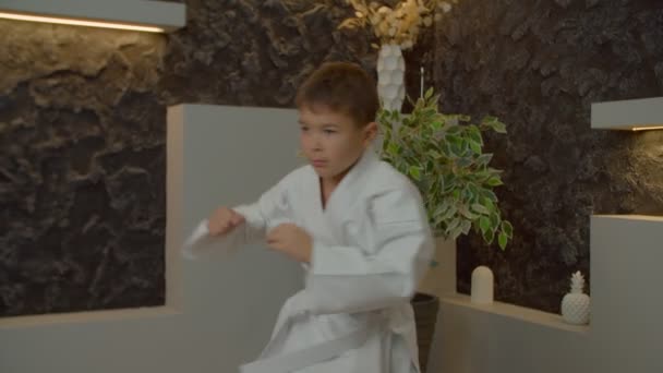 Beyaz Kimonolu Çok Kültürlü Karateci Çocuk Içeride Egzersiz Yaparken Karate — Stok video