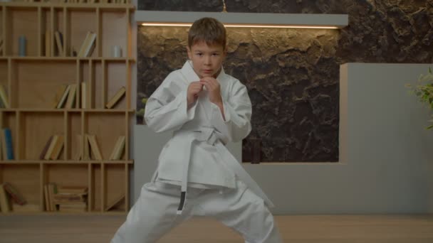 Motivovaný Aktivní Multikulturní Preadolescentní Karateka Kimonu Cvičení Tsuki Techniky Vystupování — Stock video