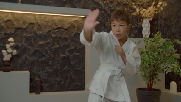 Gemotiveerde Vastberaden Pre Adolescente Multi Etnische Karateka Kimono Verbeteren Oefenen — Stockvideo