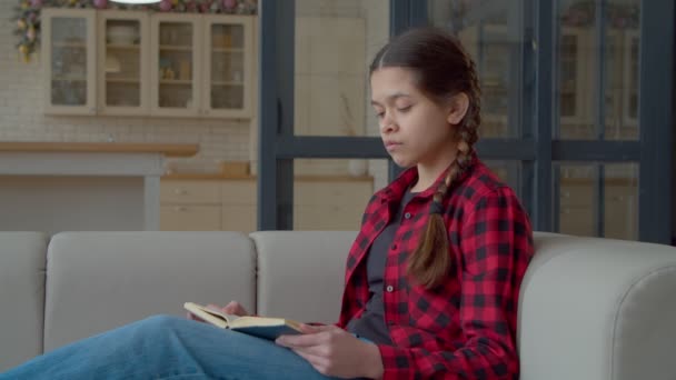 Clever Adorable Hispanic Teenage Girl Pigtails Enjoying Leisure Reading Interesting — Stockvideo
