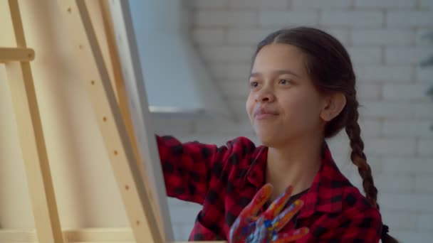 Creative Positive Lovely Latin Adolescent Girl Pigtails Active Imagination Enjoying — Stockvideo