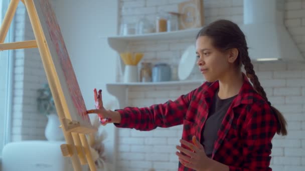 Inspired Positive Cute Hispanic Teenage Girl Pigtails Developing Artistic Skills — Vídeo de stock