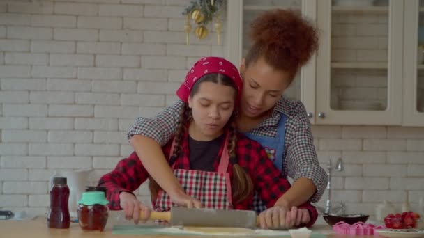 Caring Pretty African American Mother Helping Adorable Multiracial Teen Daughter — Video