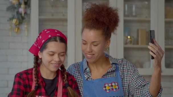 Portrait Charming Black Mother Adorable Multiracial Adolescent Daughter Aprons Chatting — Video