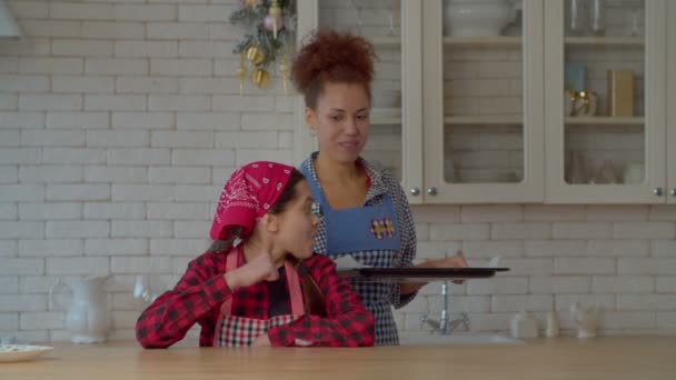 Positive Charming African American Mother Serving Fresh Baked Delicious Homemade — Video