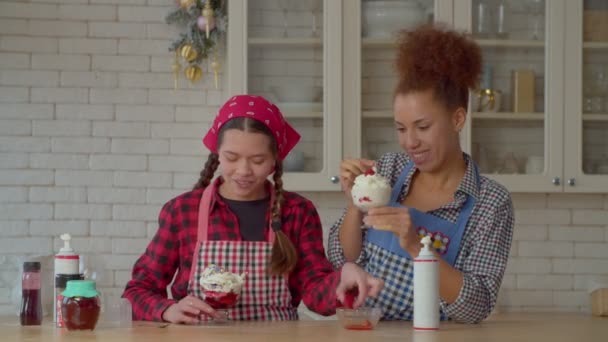 Laughing Cute Multiracial Teenage Daughter Carefree Attractive Black Mother Aprons — Video
