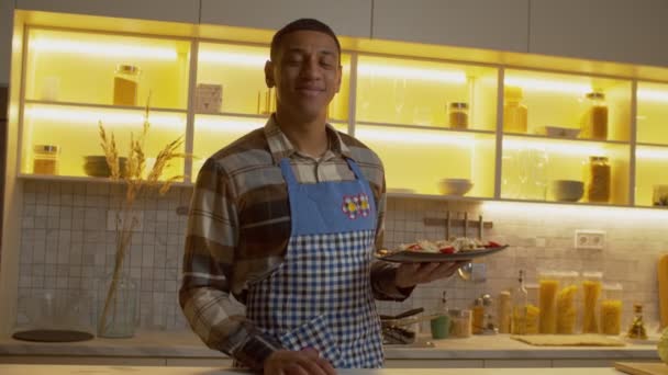 Portrait Positive Proud Handsome African American Man Apron Holding Homemade — Video