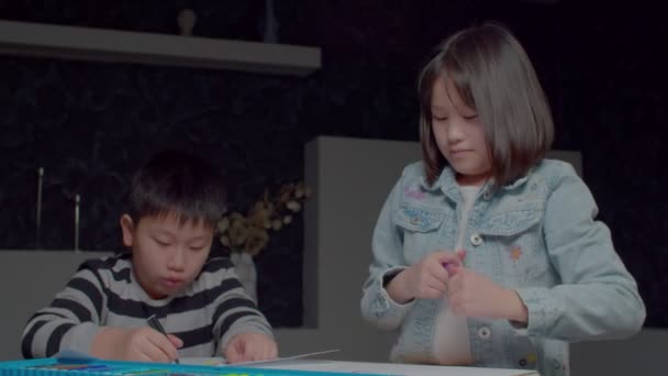 Portrét Půvabné Předpubertální Asijské Dívky Roztomilého Mladšího Bratra Vyjadřující Kreativní — Stock video