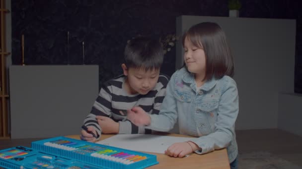 Engrossed Positive Cute Elementary Age Asian Sibling Enjoying Leisure Having — Stok video