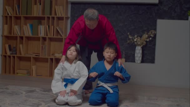 Profesjonalnie Przystojny Starszy Mężczyzna Taekwondo Mistrz Dobok Słodkie Azjatyckie Elementarne — Wideo stockowe