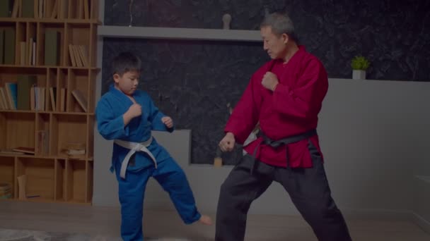 Motivated Adorable Elementary Age Asian Martial Arts Athlete Dobok Senior — Stockvideo