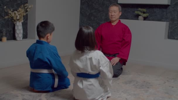 Professional Senior Asian Male Taekwondo Trainer Sitting Kneeling Position Talking — Stock Video