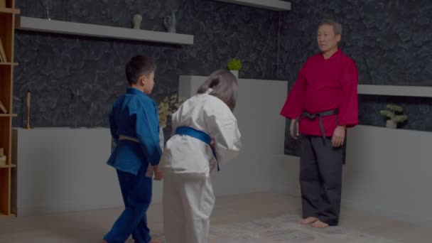 动感可爱的小学亚洲武术系学生们 穿着短袜 高大英俊的男子跆拳道大师们 在体育训练前表现出尊重和准备 — 图库视频影像
