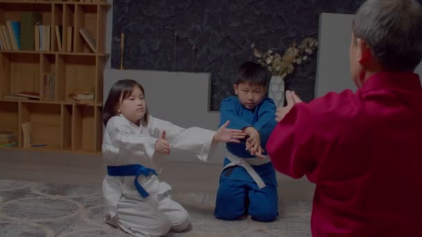集中的に決定された美しいアジアの青年武道の肖像シニアTaekwondoマスターとドボックスの学生は トレーニングのために準備し 腕の筋肉を屋内で暖める — ストック動画