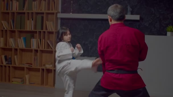 Odhodlaný Rozkošný Školní Věk Asijské Taekwondo Dívka Uniformě Pohledný Senior — Stock video