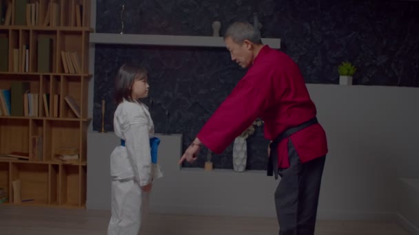 Professionele Zwarte Riem Aziatische Mannelijke Taekwondo Meester Onderwijs Gemotiveerd Schattige — Stockvideo