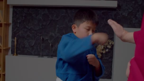Portrét Koncentrovaného Roztomilého Předpubertálního Asijského Taekwondo Studenta Starším Mistrem Cvičícím — Stock video