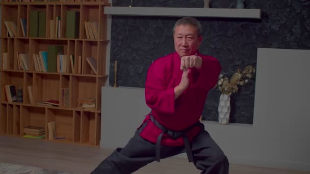 Concentrato Attraente Maturo Cintura Nera Maestro Taekwondo Uniforme Praticare Abilità — Video Stock