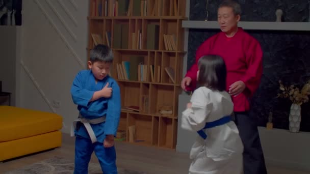 나이든 교장은 활동적 아이들에게 무술을 가르쳐 주면서 훈련중에 발차기를 피하는 — 비디오