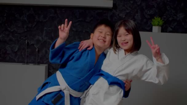 Porträt Eines Lächelnden Unbeschwerten Bezaubernden Asiatischen Kampfsportlers Elementaralter Kimono Der — Stockvideo