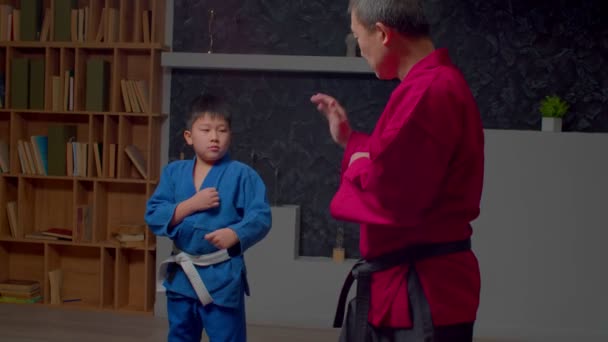 一名身穿和服的亚洲男孩决心学习跆拳道技术 提高室内运动训练中的侧拳技术 — 图库视频影像