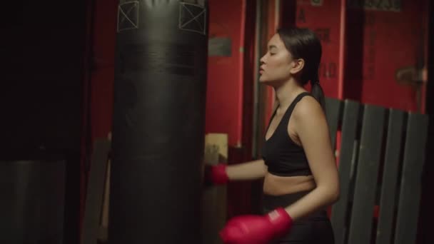Portrait Tired Out Breath Attractive Athletic Fit Asian Female Kickboxer — Stock Video