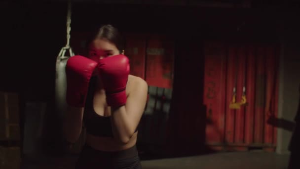 Aktivt Motiverad Sportig Passform Söt Asiatisk Kvinna Boxningshandskar Öva Skuggboxning — Stockvideo