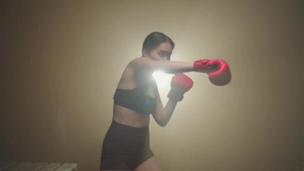 Beslutsam Motiverad Atletisk Passform Söt Asiatisk Kvinna Boxningshandskar Öva Skuggboxning — Stockvideo