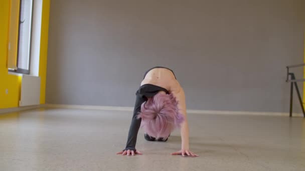 Portrait Inspired Graceful Flexible Beautiful Pink Haired Woman Dancer Activewear — Stock Video