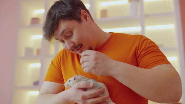 Portrait Affectionate Positive Handsome Male Pet Owner Holding Petting Cute — Stock Video