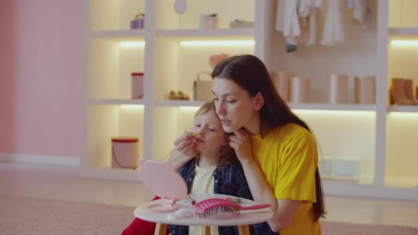 Joyful Attractive Mother Happy Cute Little Daughter Making Festive Makeup — Stock Video