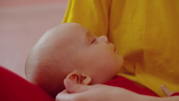 Arckép Nyugodt Aranyos Csecsemő Kislány Alszik Anya Kezében Miközben Gondoskodó — Stock videók