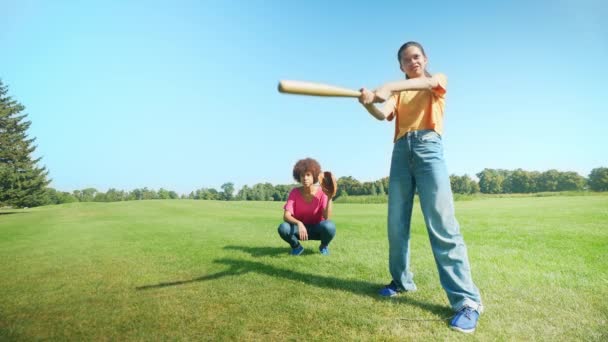 Disappointed Emotional Cute Multiracial Adolescent Girl Baseball Hitter Bat Missing — Stock Video