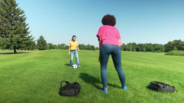 Excited Adorable Multiethnic Adolescent Girl Lovely African American Mother Goalie — Stock Video