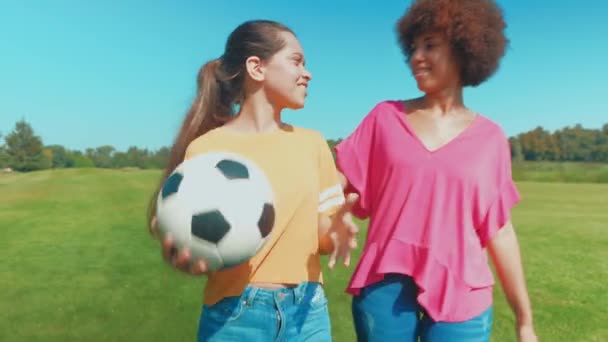 Happy Positive Multiracial Adolescent Girl Soccer Ball Smiling Attractive Black — Stock Video