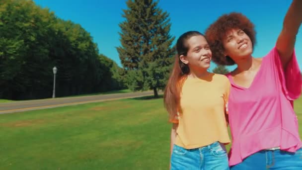 Portrait Joyful Adorable Multiethnic Teenage Daughter Embracing Happy Charming Black — Stock Video