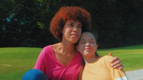 Portrait Happy Pretty Black Mother Embracing Joyful Cute Multiracial Adolescent — Stock Video