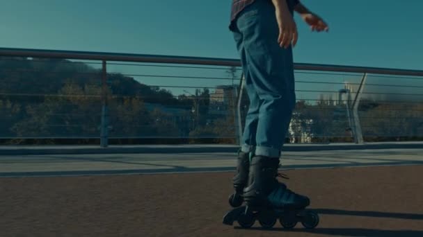Side View Skillful Cool Young Female Roller Blades Enjoying Active — Stock Video