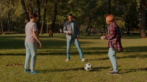 Aktive Familie Mit Hörverlust Genießt Fußballspiel Auf Dem Rasen Des — Stockvideo