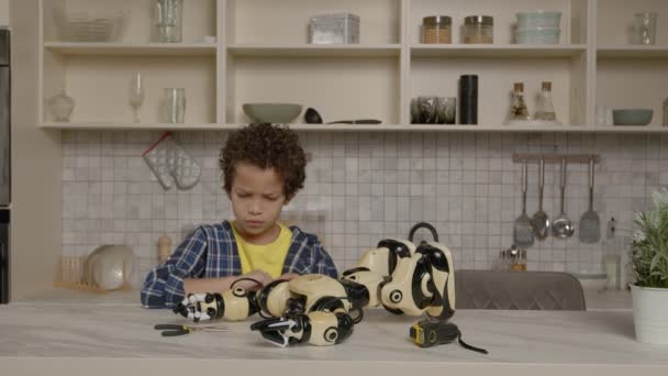 Zdenerwowany Cute Wieku Szkolnego Afroamerykanin Chłopiec Próbuje Naprawić Ulubioną Zabawkę — Wideo stockowe